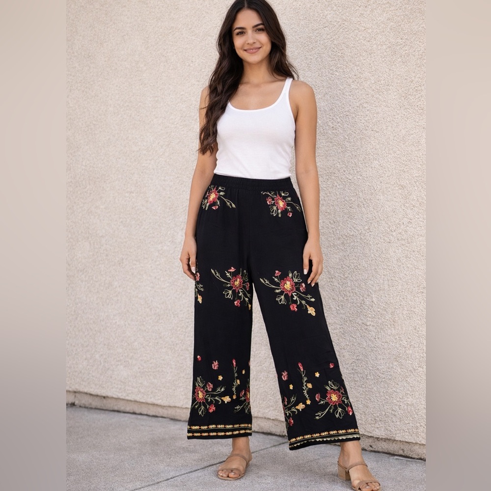 Anthropologie Liv Los Angeles Black Floral Pants size XL